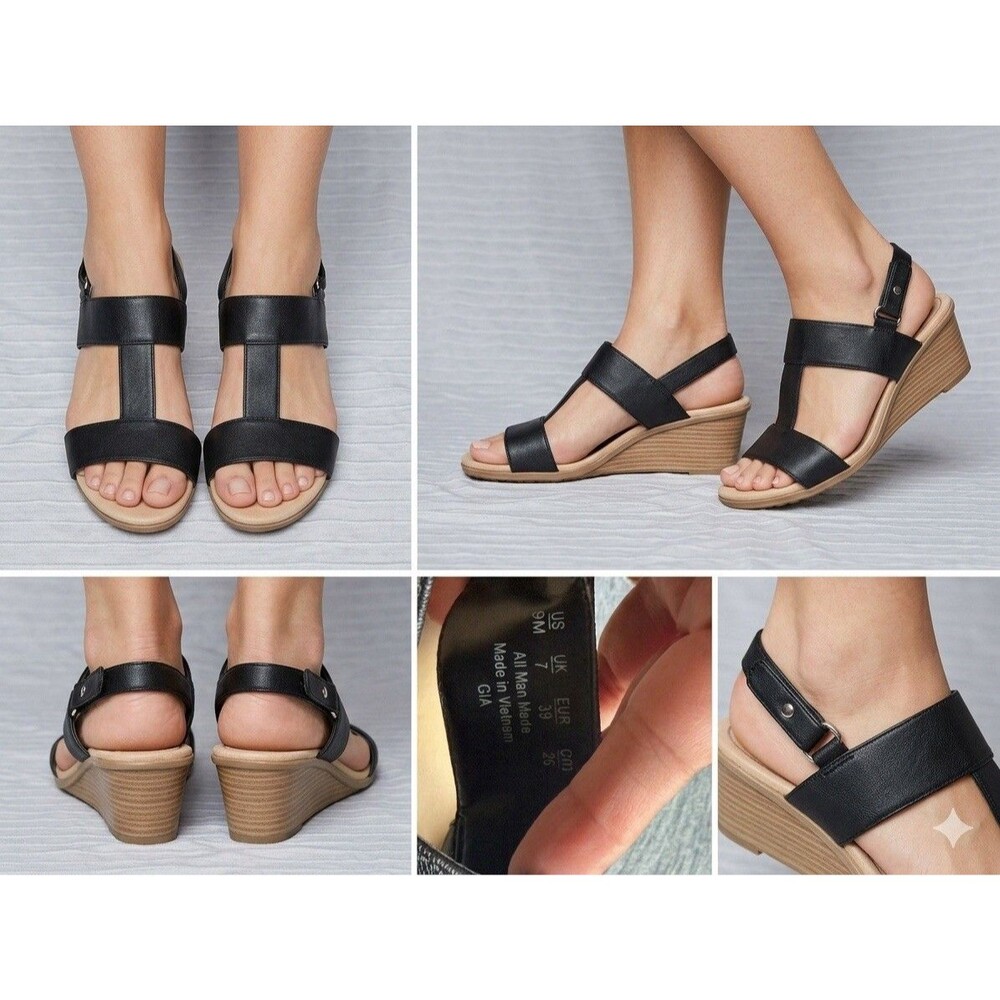 Dr. Scholl's Women's Black Strappy Wedge Slingback Buckle Sandals US 9